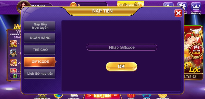 Nạp tiền 68 game bài bằng hình thức giftcode tiện lợi